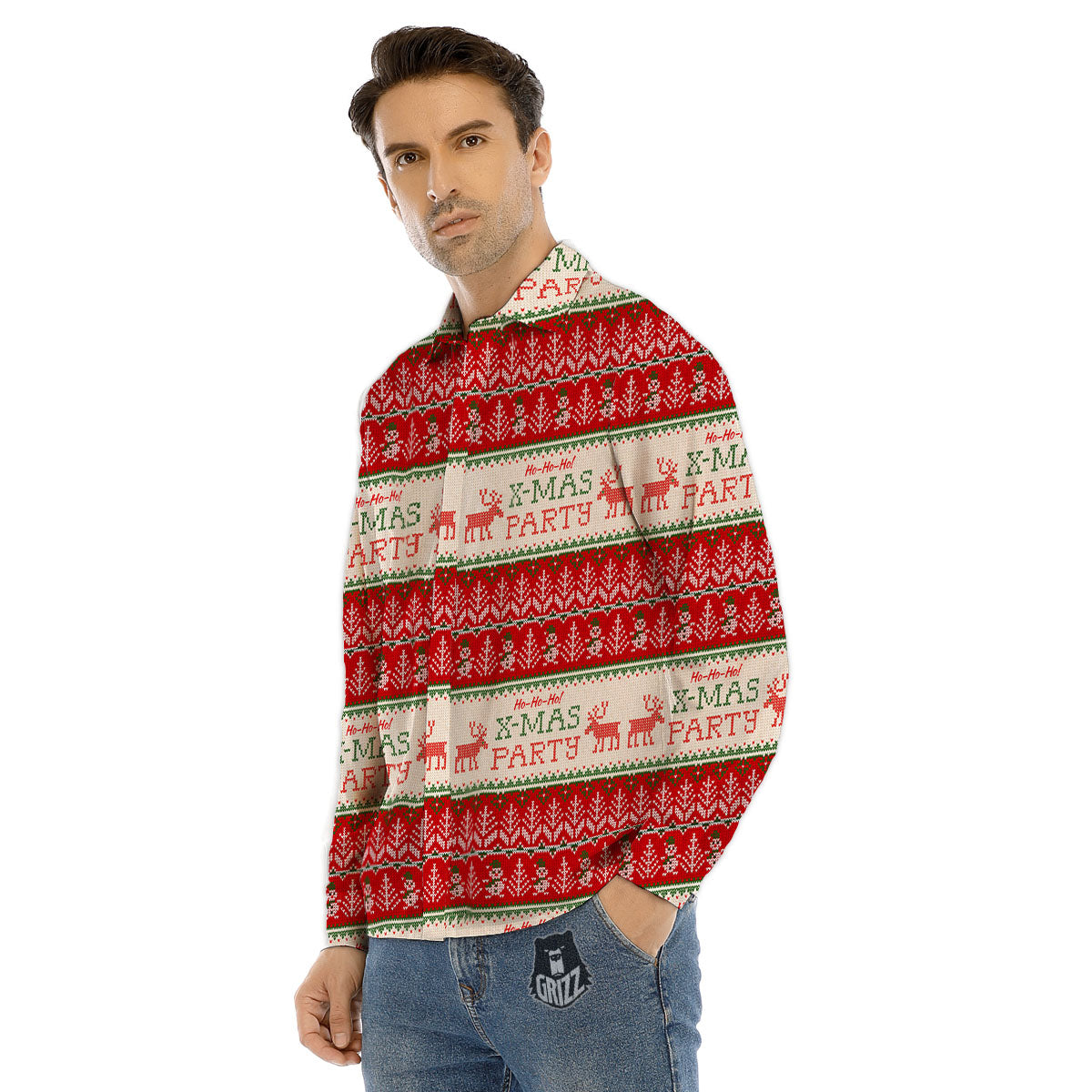 Festive Christmas Knitted Print Pattern Men's Dress Shirts-grizzshop