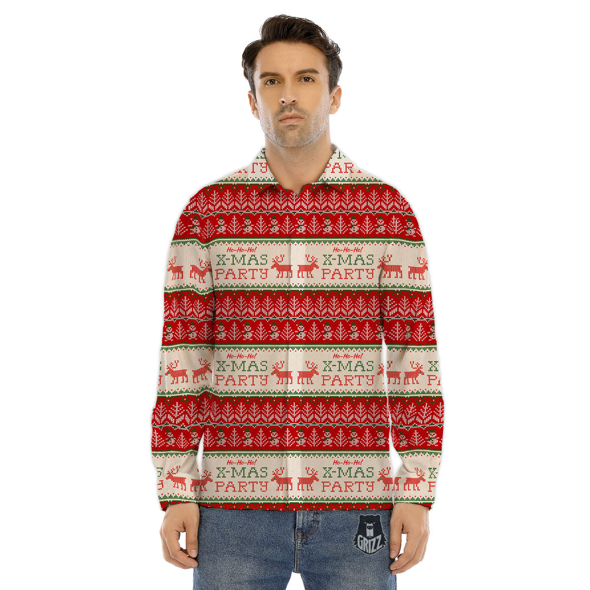 Festive Christmas Knitted Print Pattern Men's Dress Shirts-grizzshop