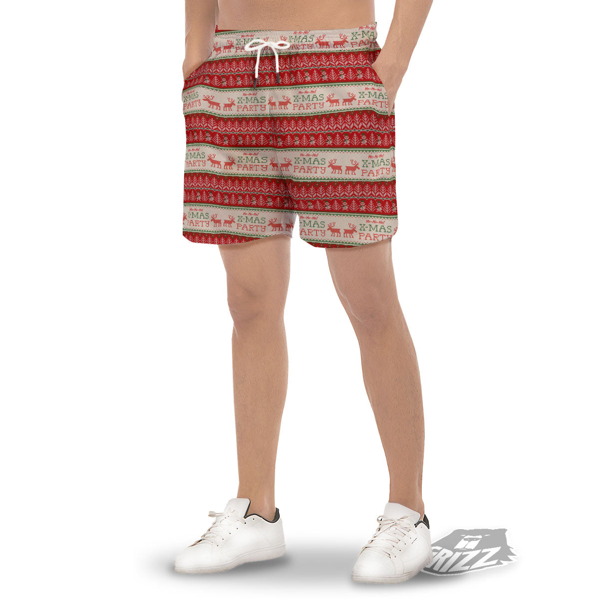 Festive Christmas Knitted Print Pattern Men's Gym Shorts-grizzshop