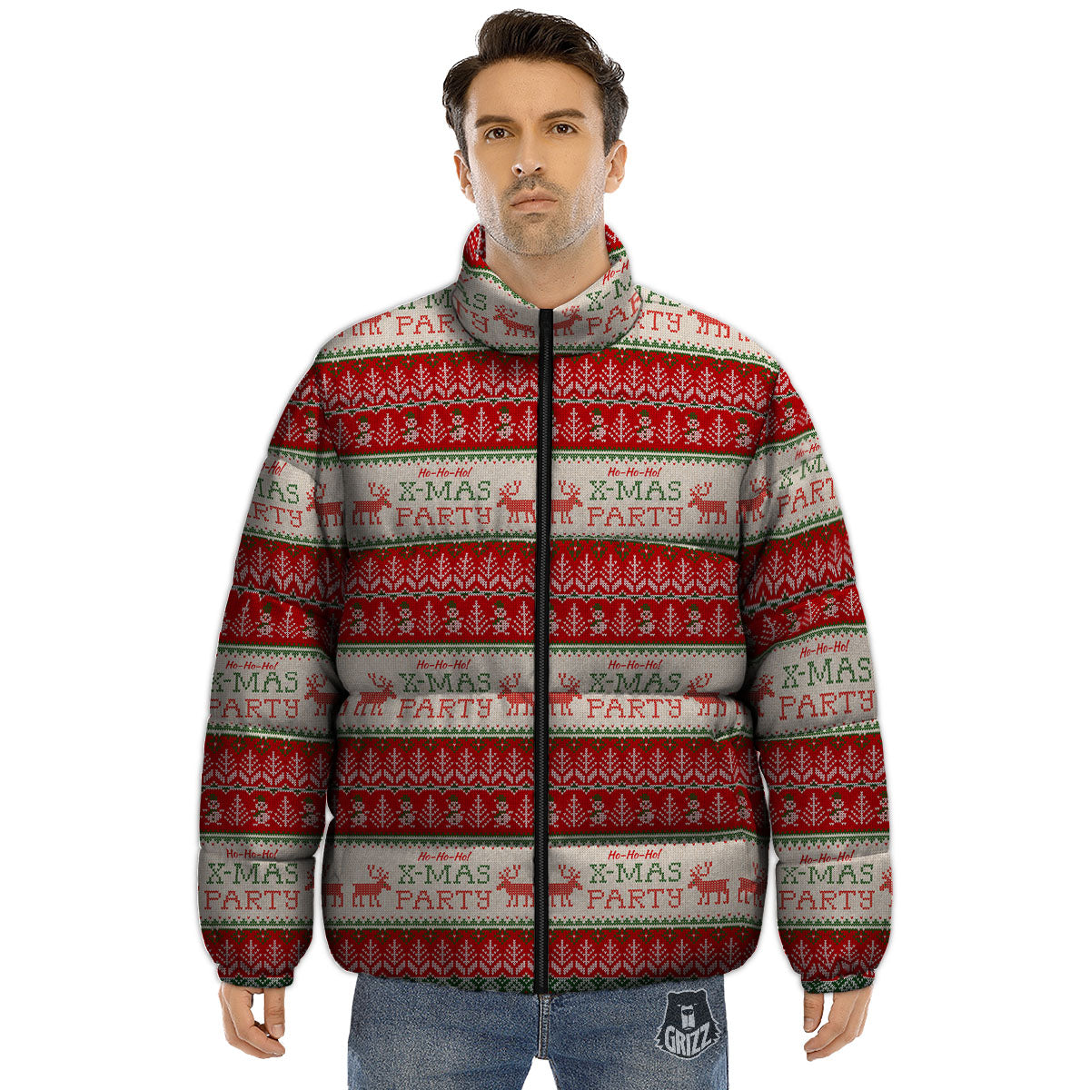 Festive Christmas Knitted Print Pattern Puffer Jacket-grizzshop