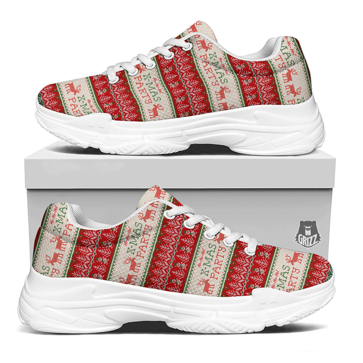 Festive Christmas Knitted Print Pattern White Chunky Shoes-grizzshop