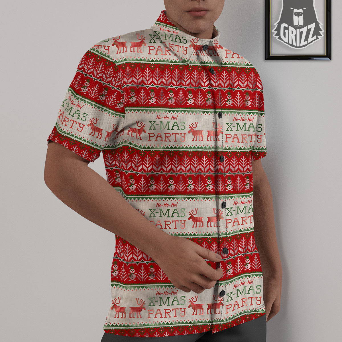 Festive Christmas Knitted Print Pattern Untucked Shirts-grizzshop