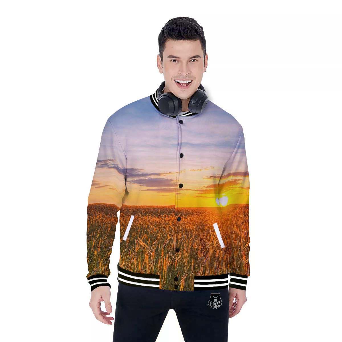 Field Sunrise Print Baseball Jacket-grizzshop