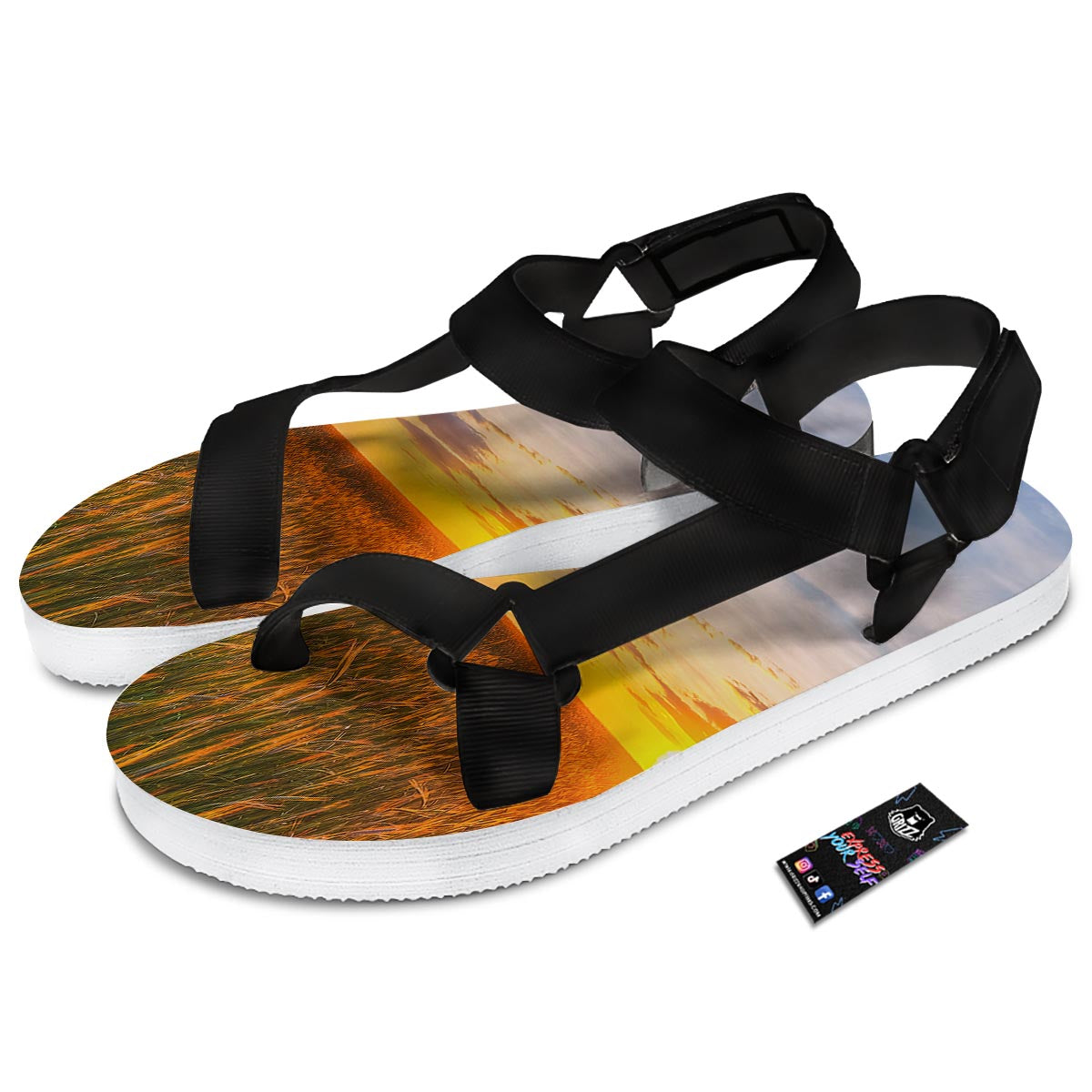 Field Sunrise Print Black Open Toe Sandals-grizzshop