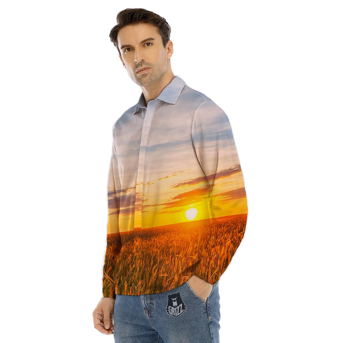 Field Sunrise Print Men's Dress Shirts-grizzshop