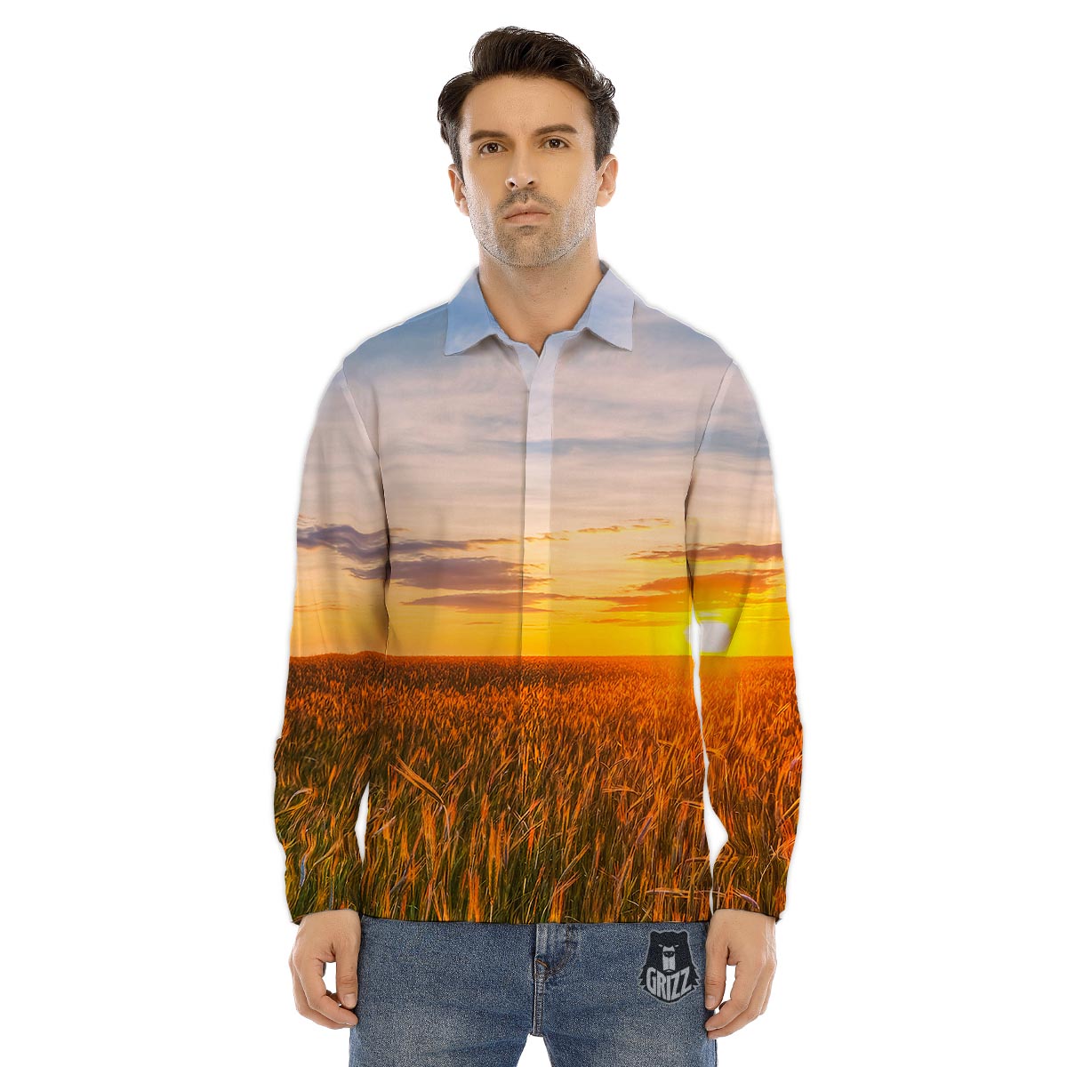 Field Sunrise Print Men's Dress Shirts-grizzshop