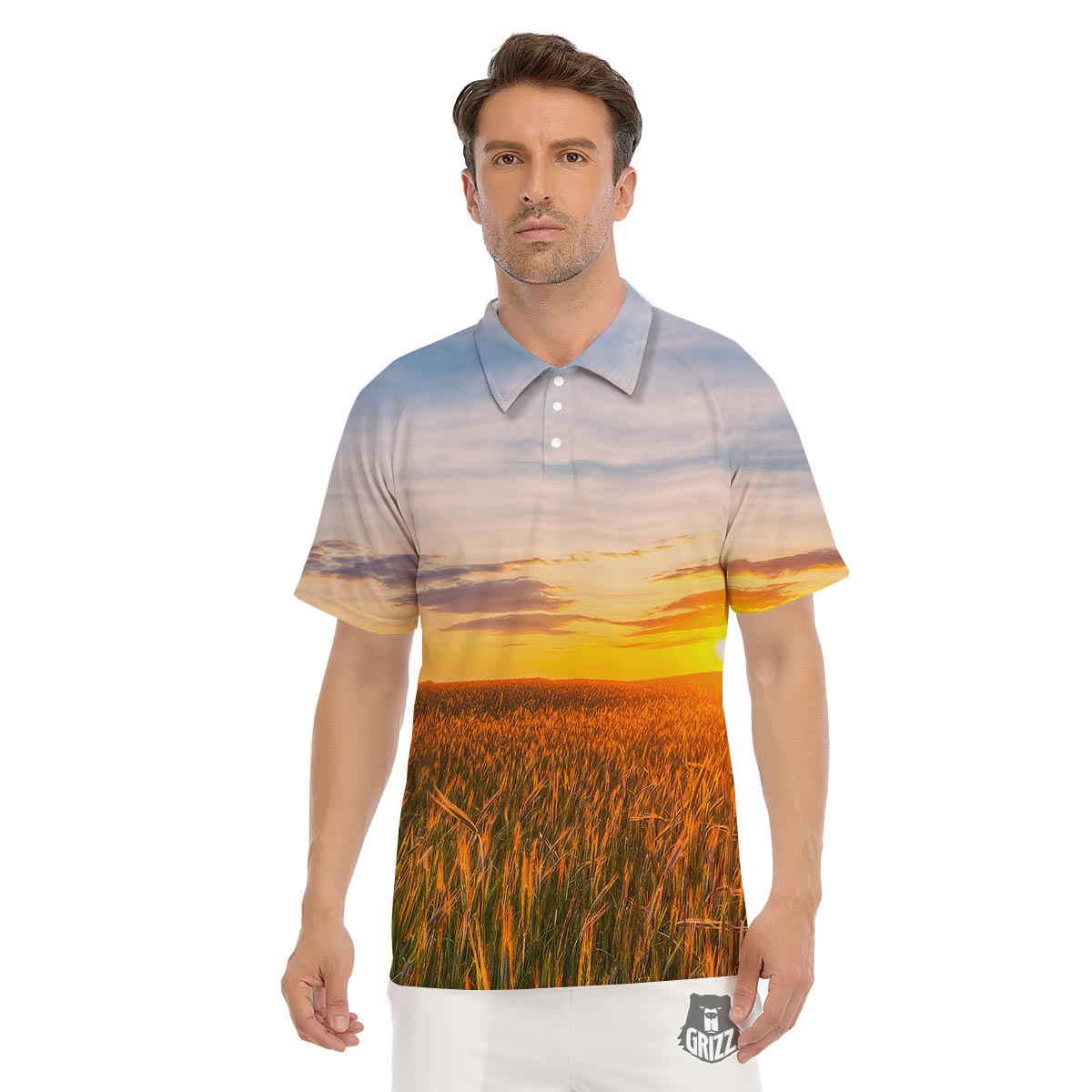 Field Sunrise Print Men's Golf Shirts-grizzshop