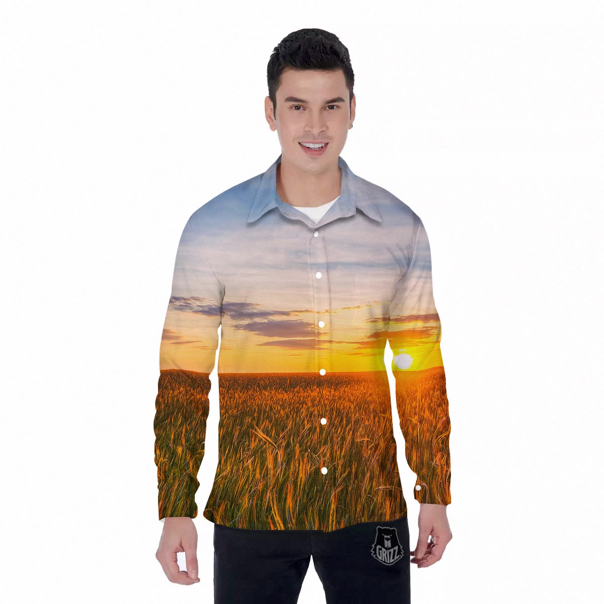 Field Sunrise Print Men's Long Sleeve Shirts-grizzshop