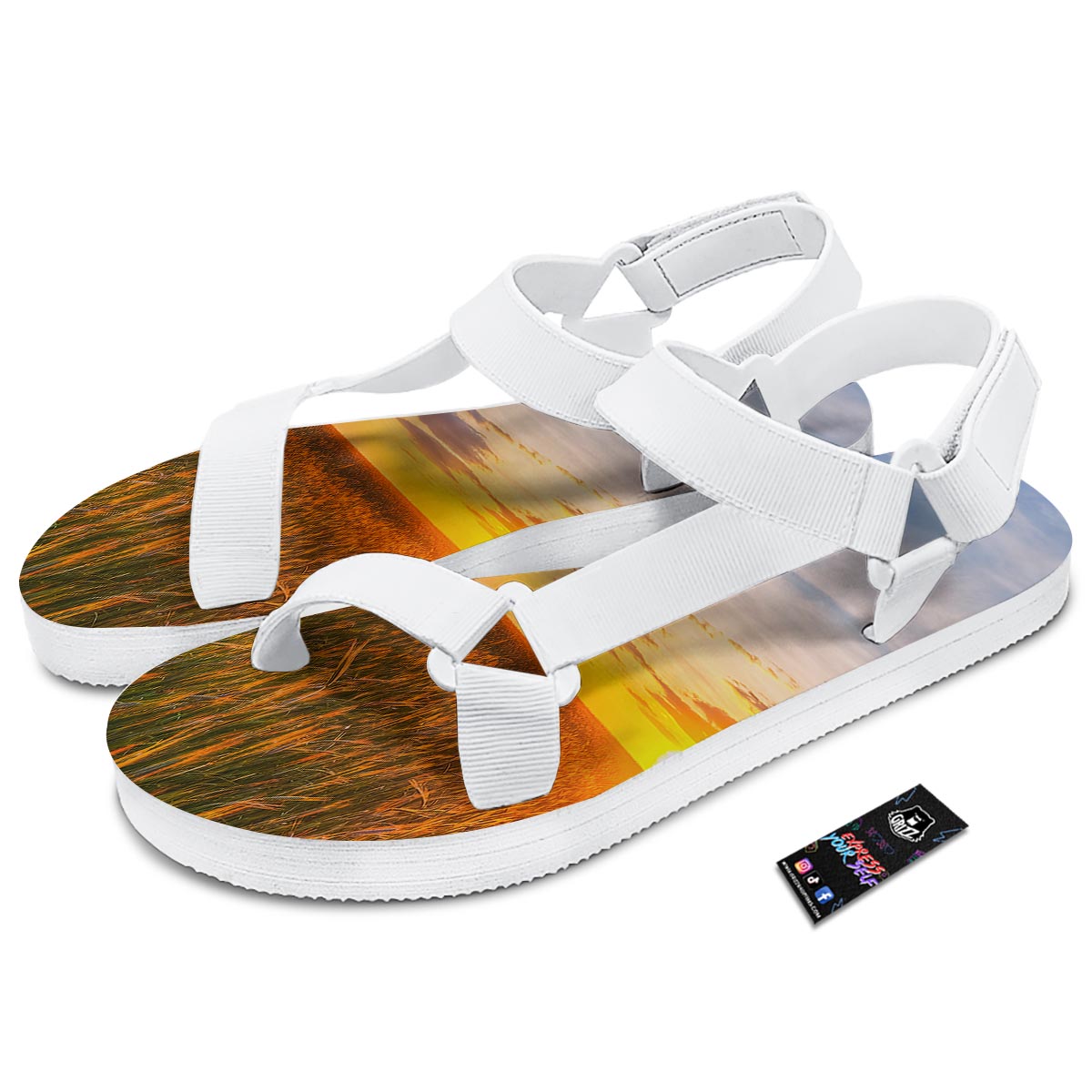 Field Sunrise Print White Open Toe Sandals-grizzshop