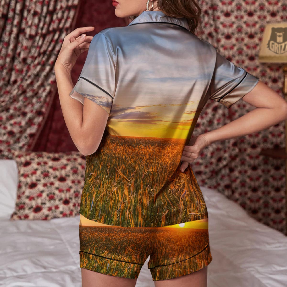 Field Sunrise Print Women Silk Pajamas-grizzshop