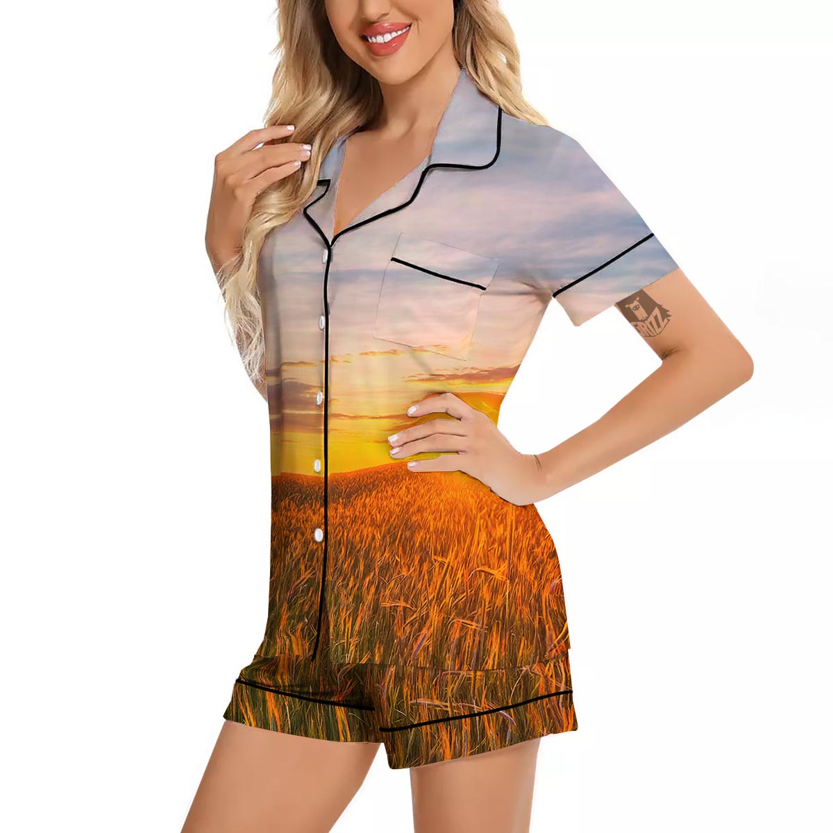 Field Sunrise Print Women Silk Pajamas-grizzshop