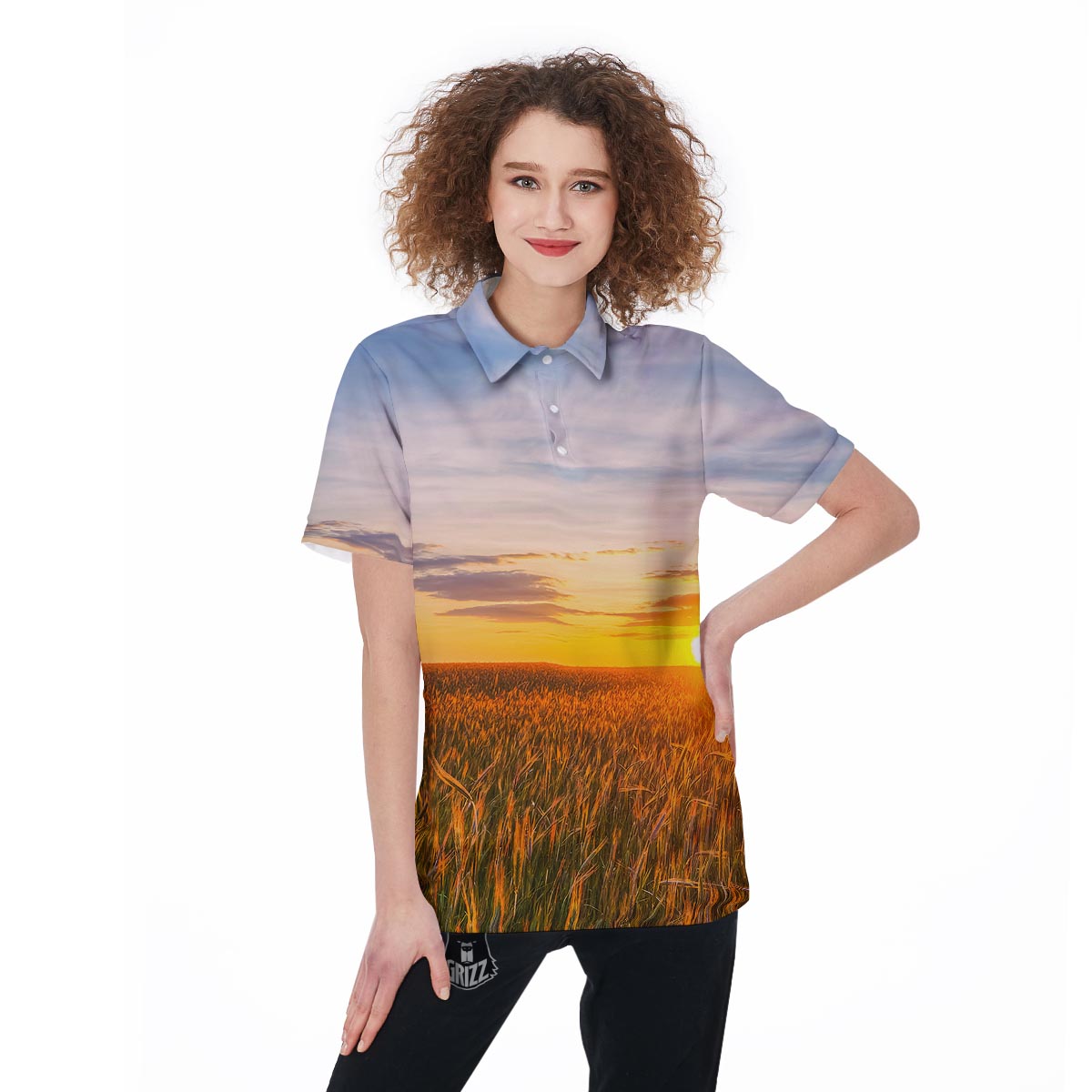Field Sunrise Print Women's Golf Shirts-grizzshop