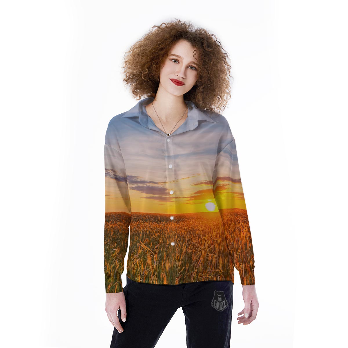 Field Sunrise Print Women's Long Sleeve Shirts-grizzshop