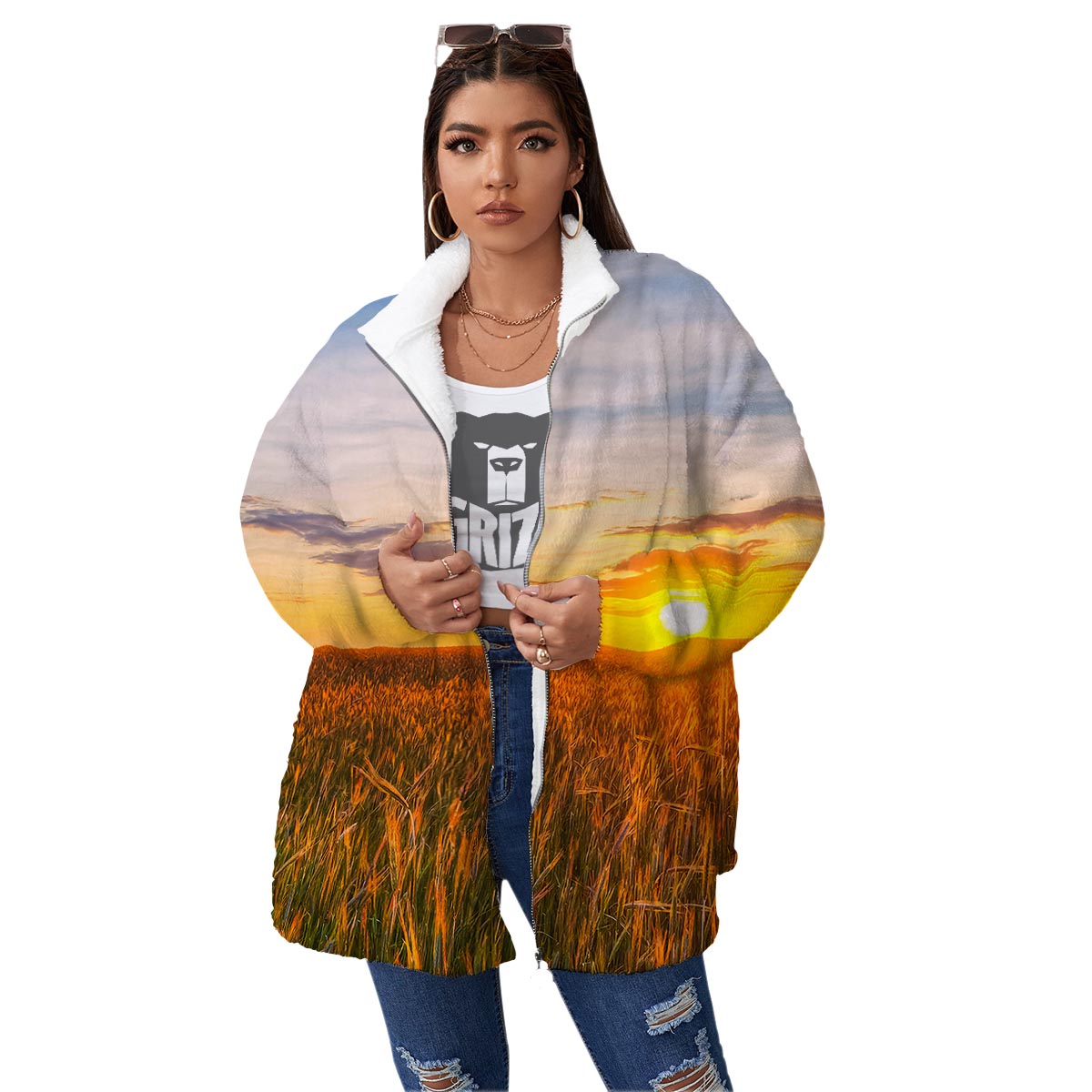 Field Sunrise Print Women's Sherpa Jacket-grizzshop