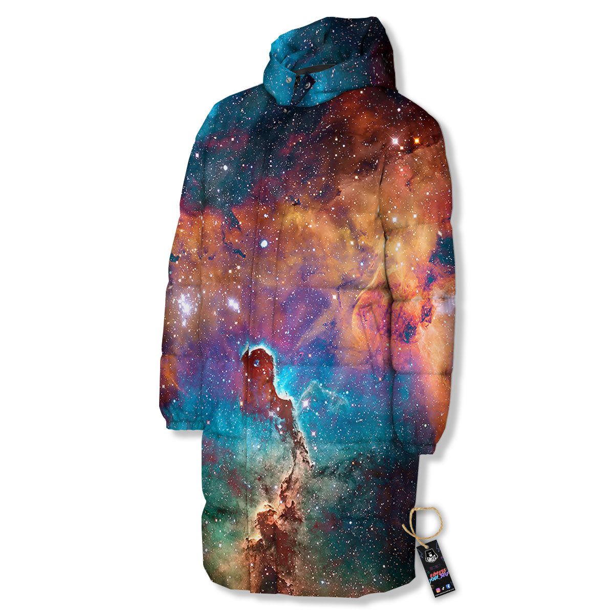 Fiery Universe Nebula Galaxy Space Print Long Down Jacket-grizzshop
