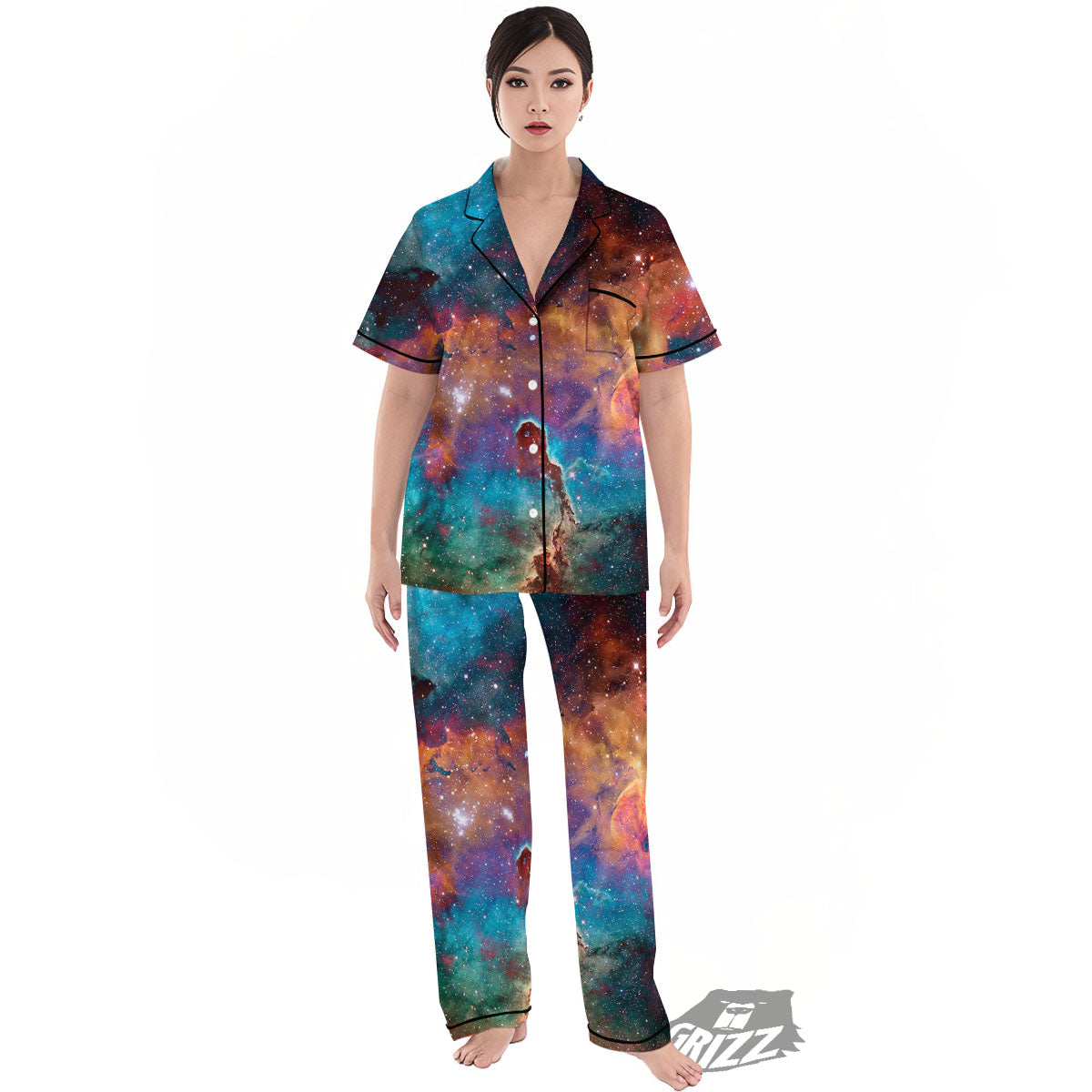 Fiery Universe Nebula Galaxy Space Print Women's Pajamas Set-grizzshop