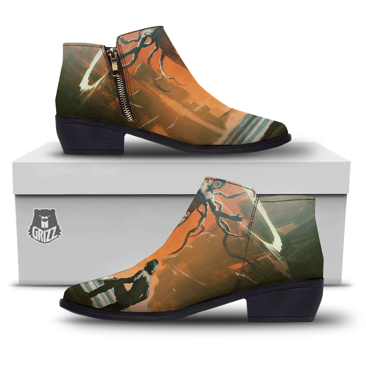 Fight With Alien Print Ankle Boots-grizzshop