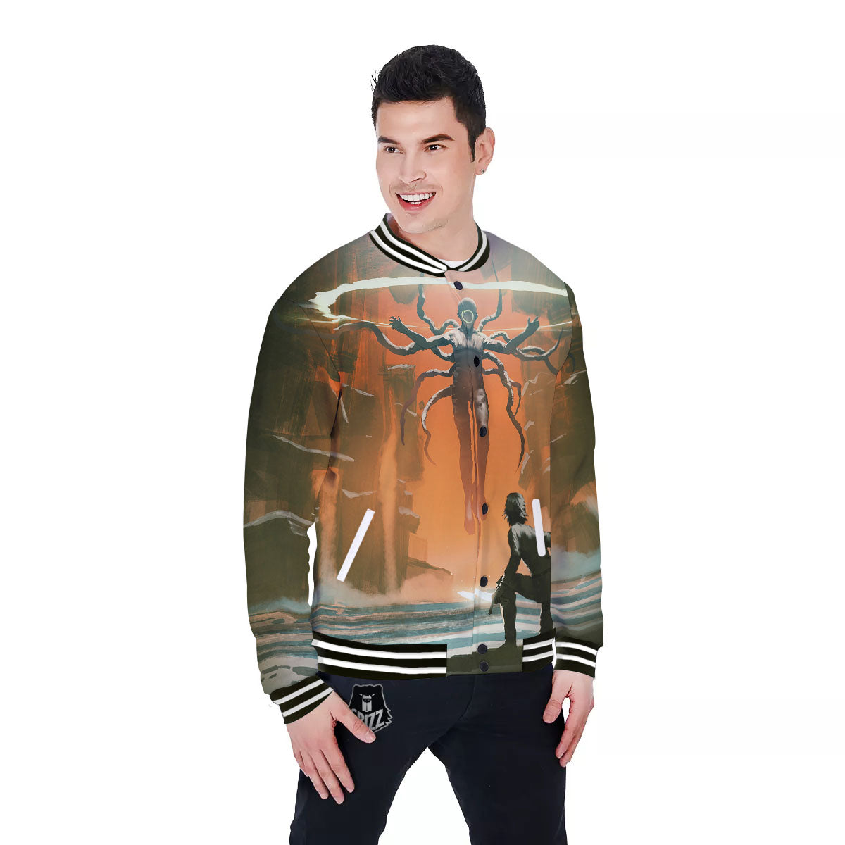 Fight With Alien Print Baseball Jacket-grizzshop