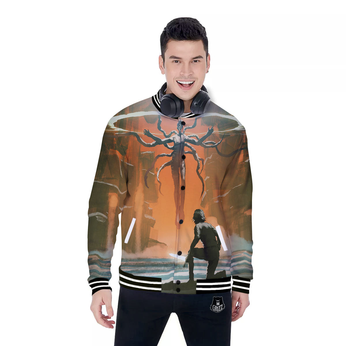 Fight With Alien Print Baseball Jacket-grizzshop