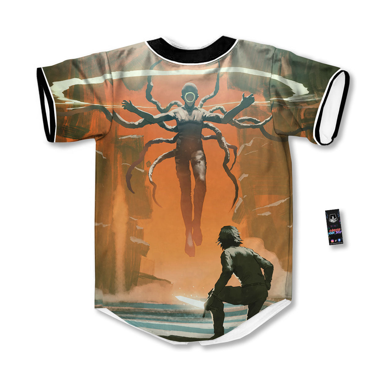 Fight With Alien Print Baseball Jersey-grizzshop