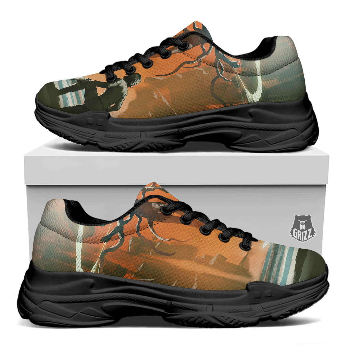 Fight With Alien Print Black Chunky Shoes-grizzshop