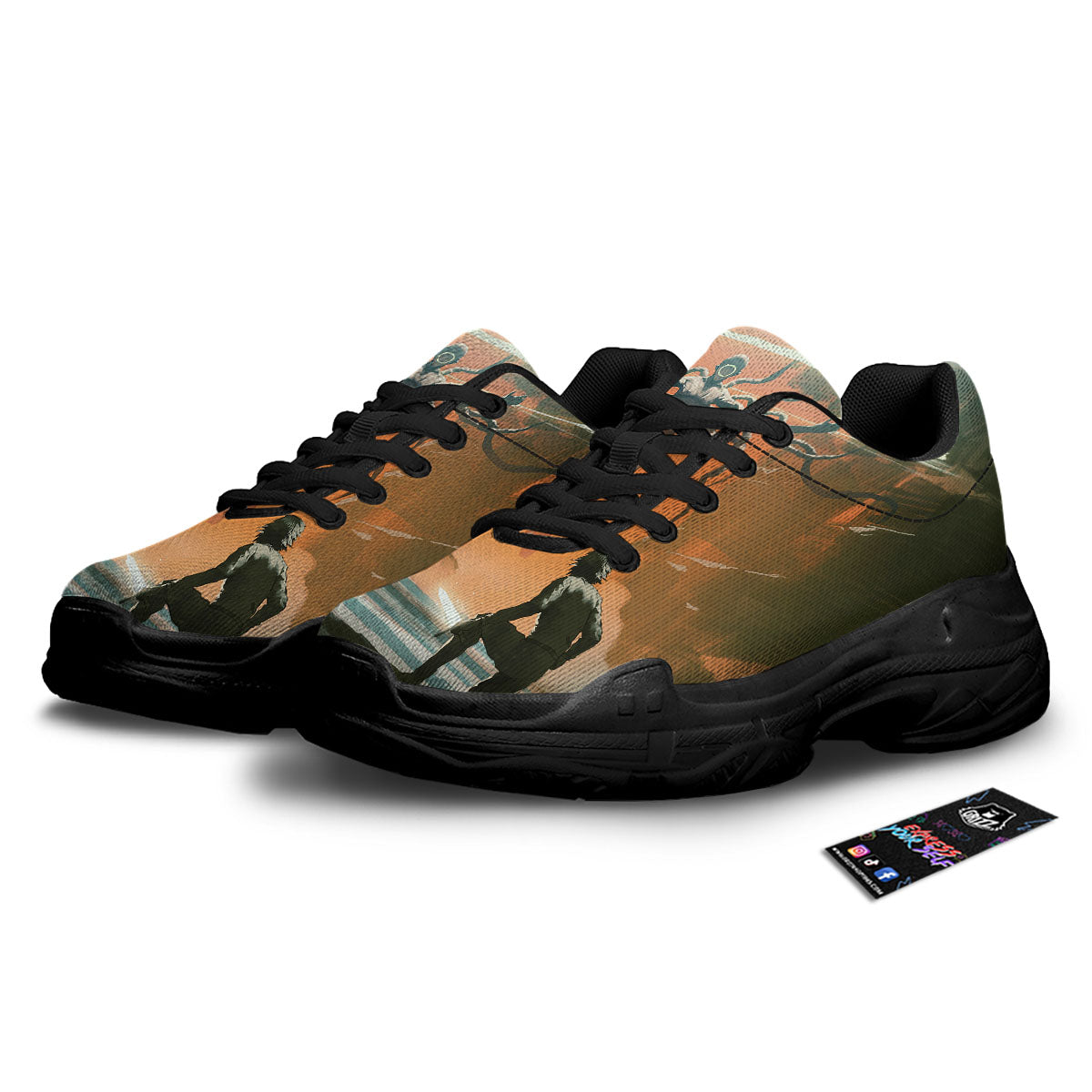 Fight With Alien Print Black Chunky Shoes-grizzshop