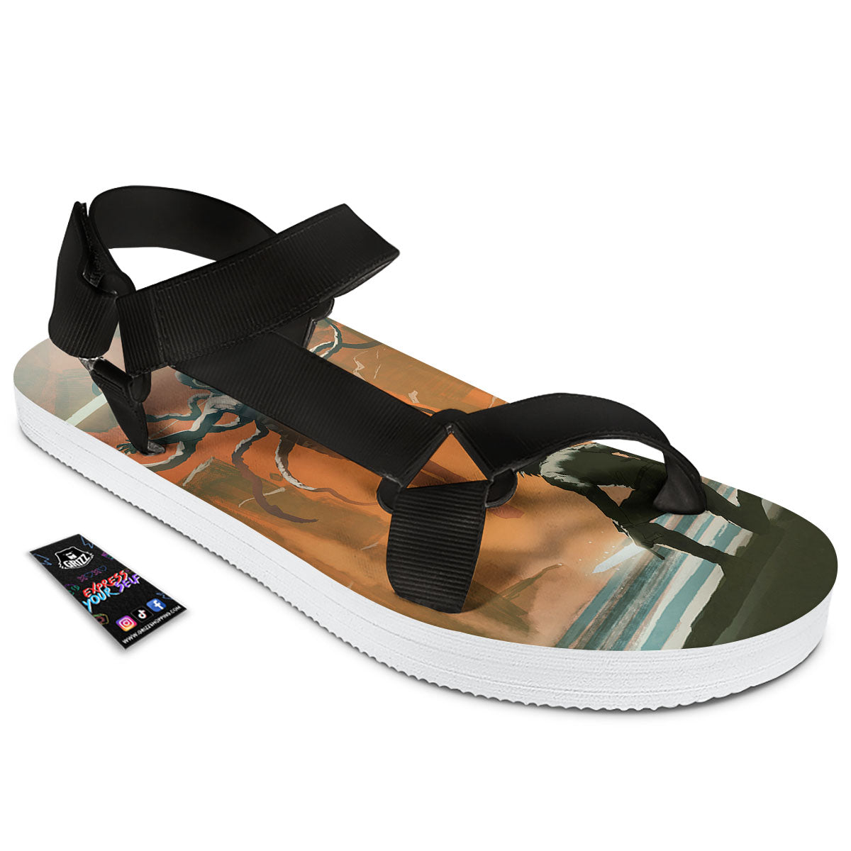 Fight With Alien Print Black Open Toe Sandals-grizzshop