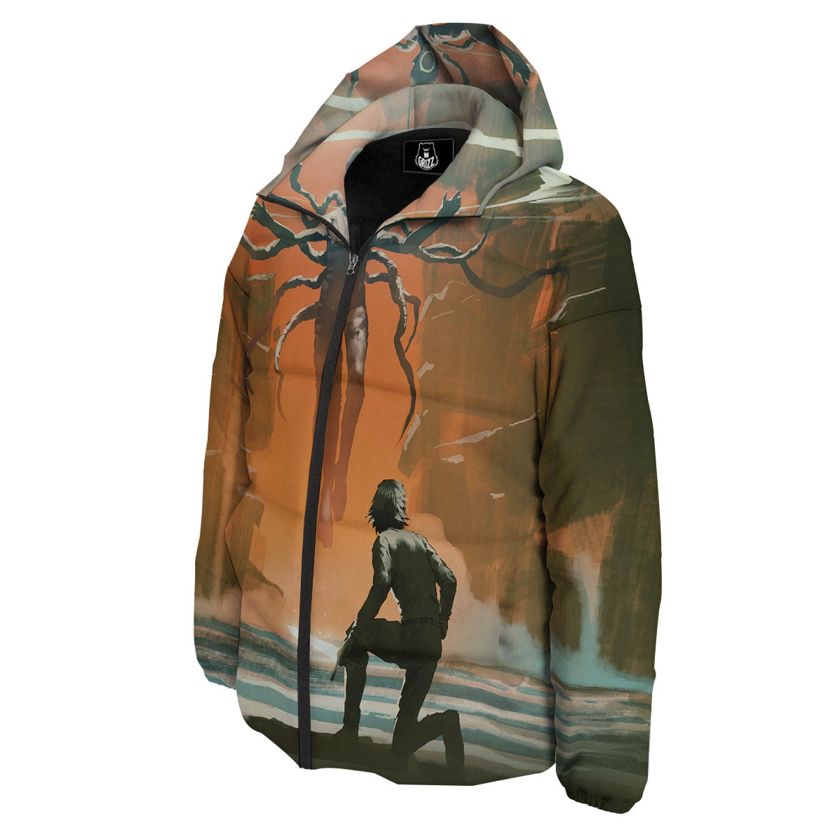 Fight With Alien Print Down Jacket-grizzshop