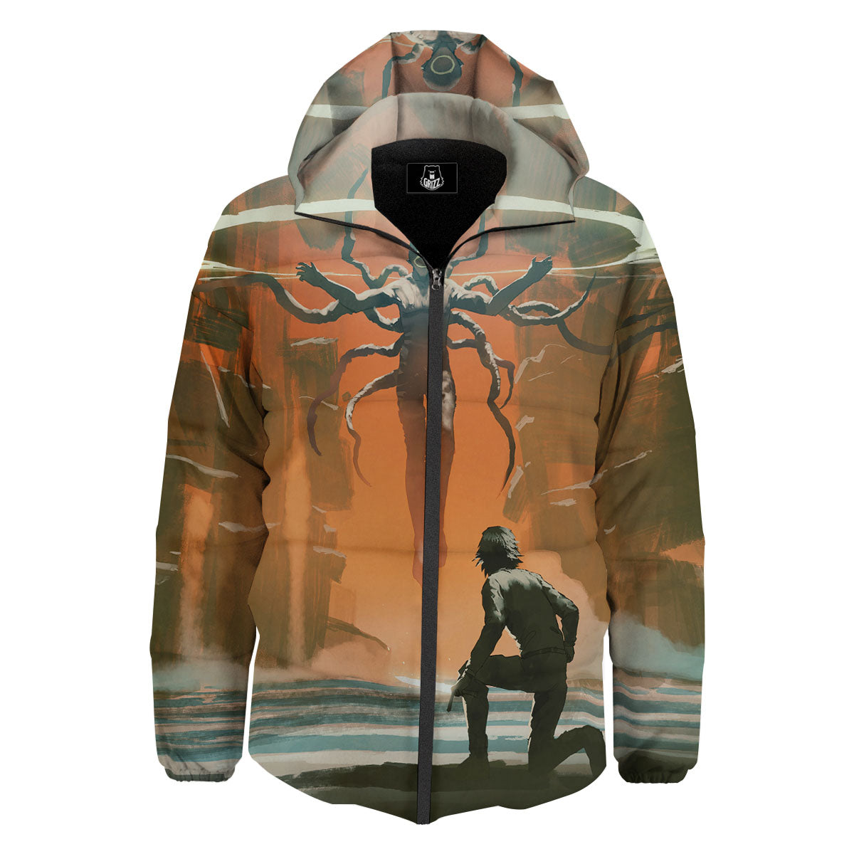 Fight With Alien Print Down Jacket-grizzshop