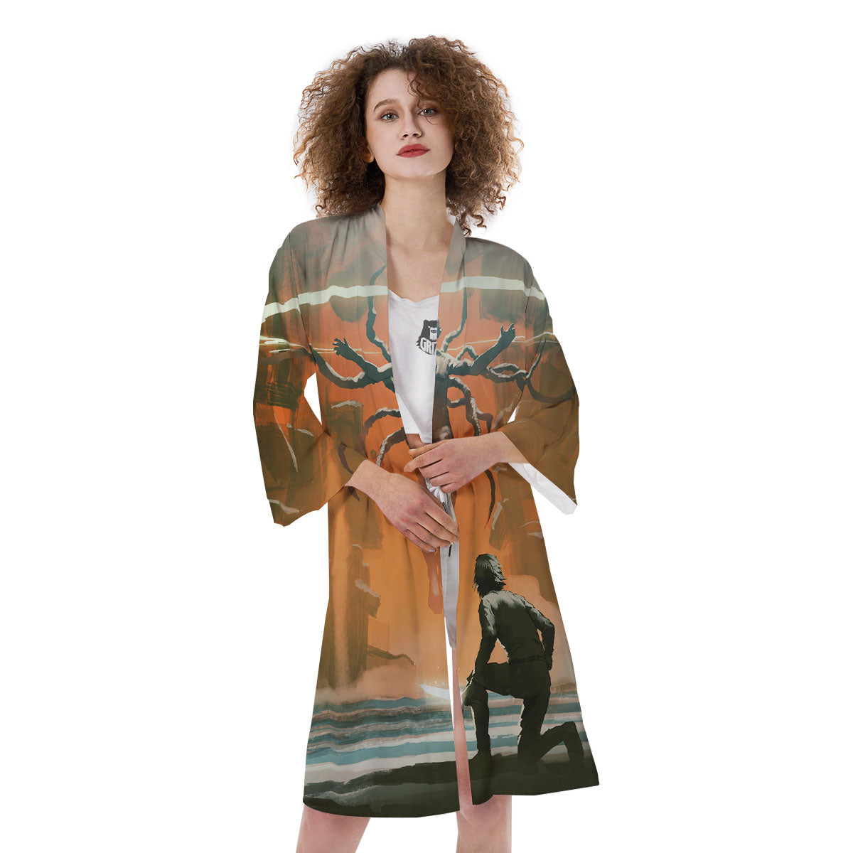 Fight With Alien Print Kimono-grizzshop