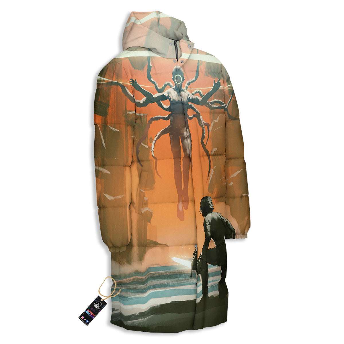 Fight With Alien Print Long Down Jacket-grizzshop