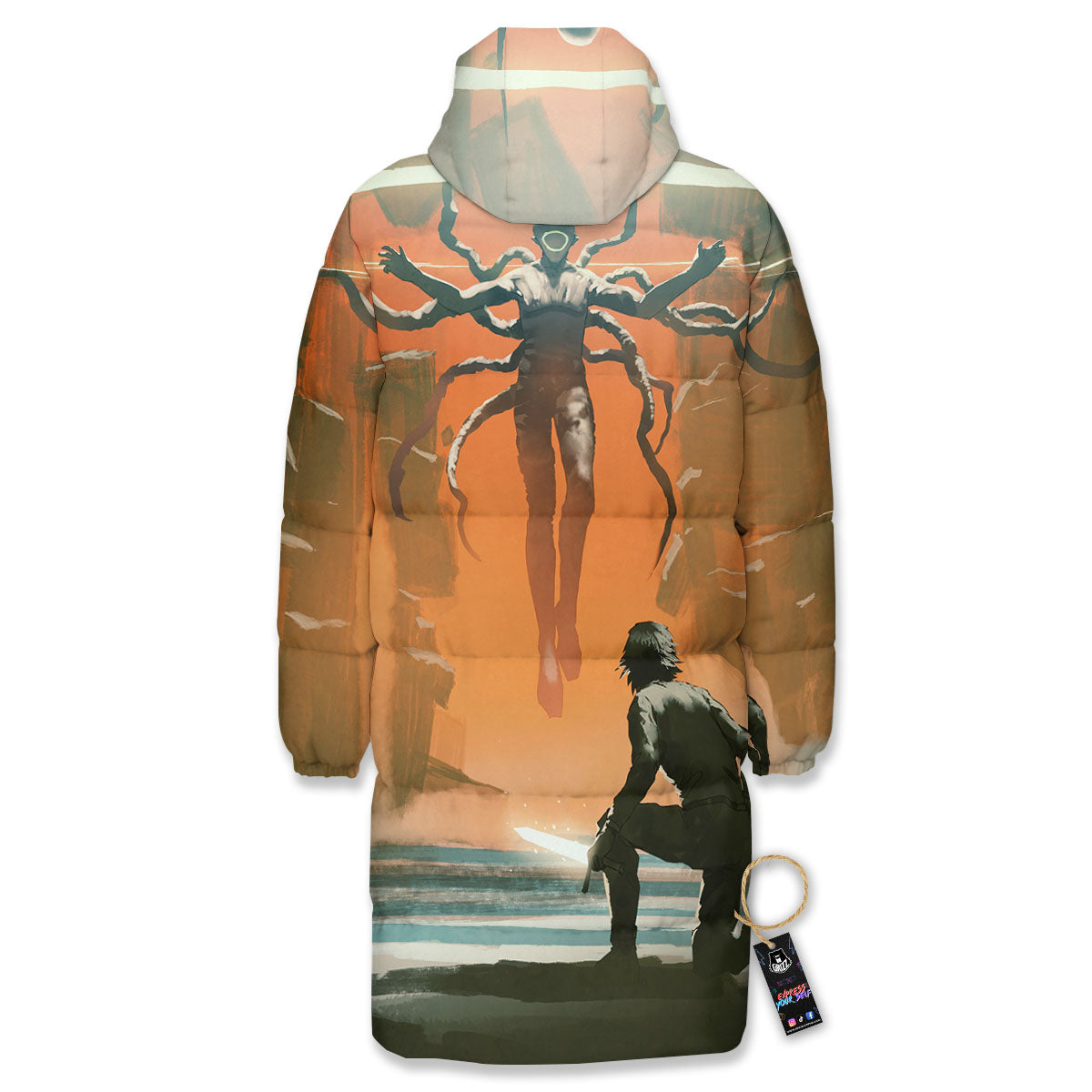 Fight With Alien Print Long Down Jacket-grizzshop