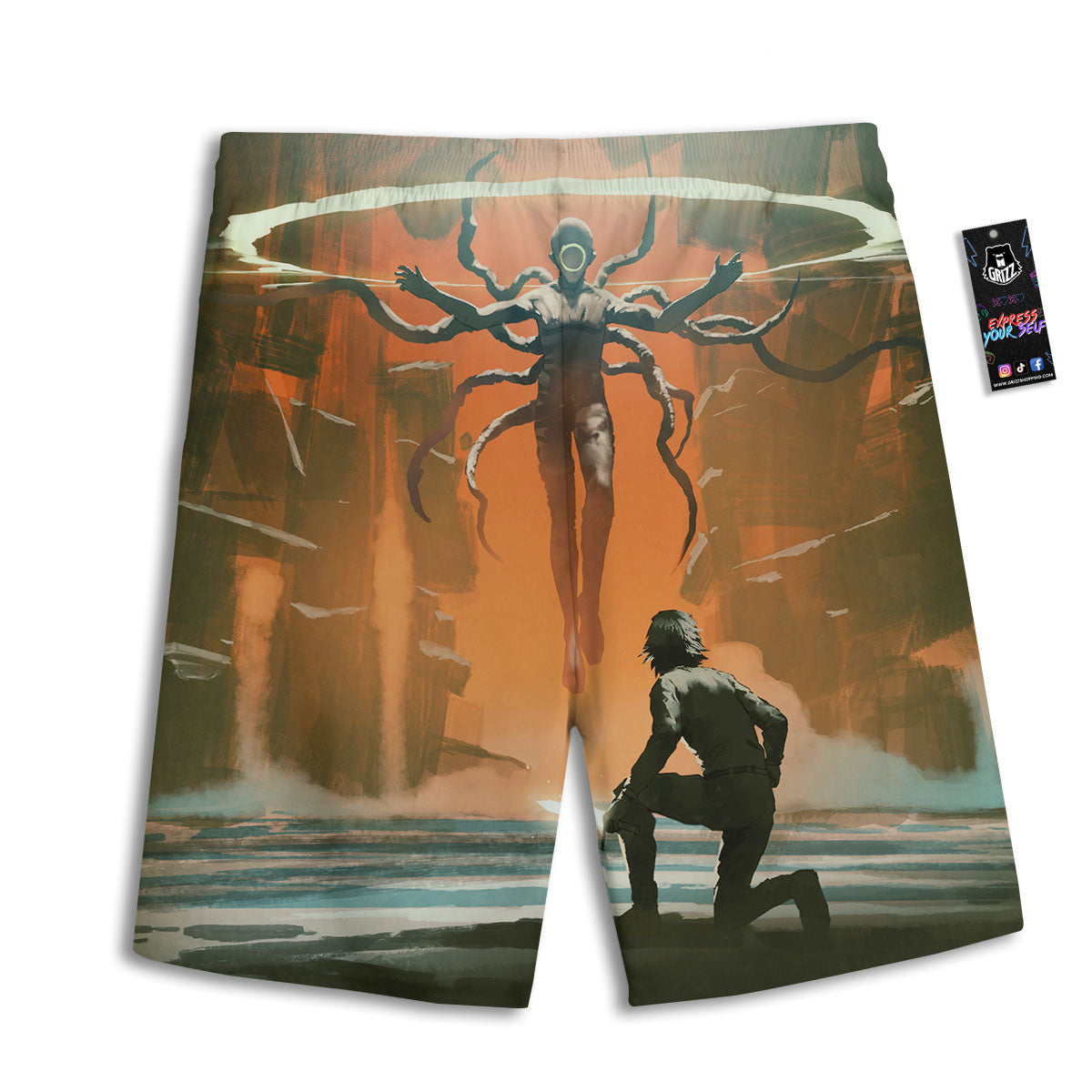 Fight With Alien Print Men's Athletic Shorts