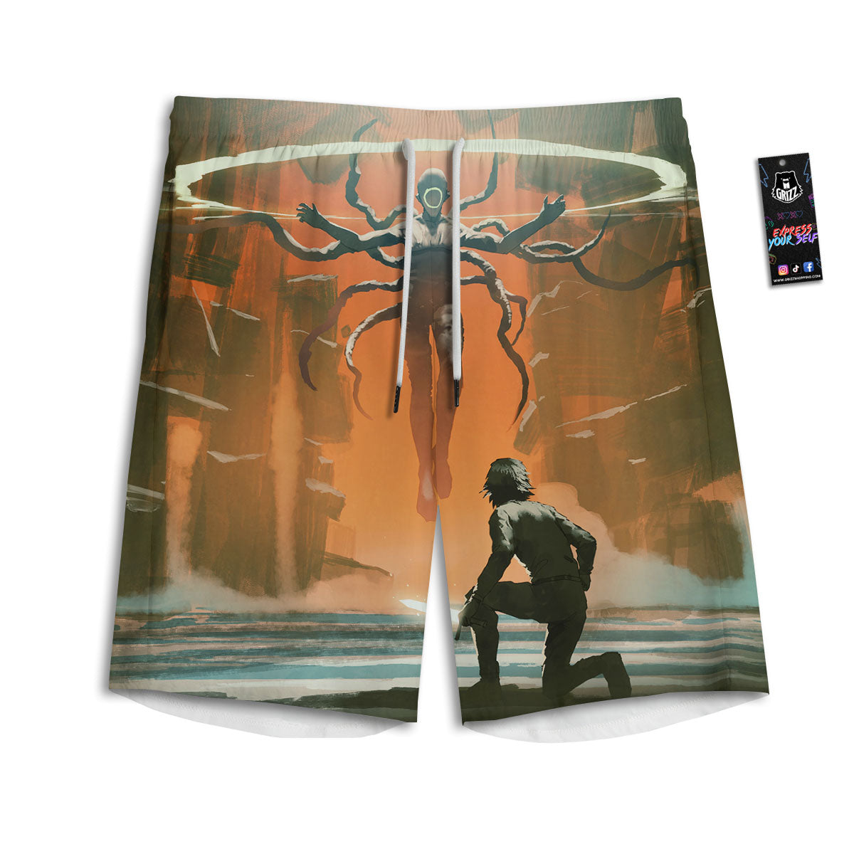 Fight With Alien Print Men's Athletic Shorts