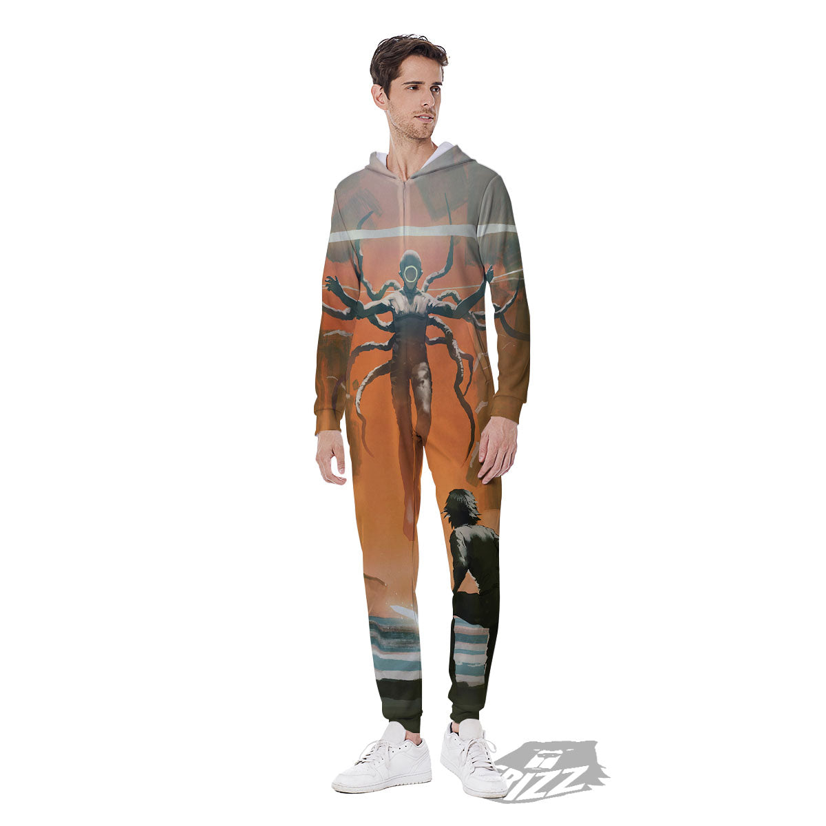 Fight With Alien Print Men's Jumpsuit-grizzshop
