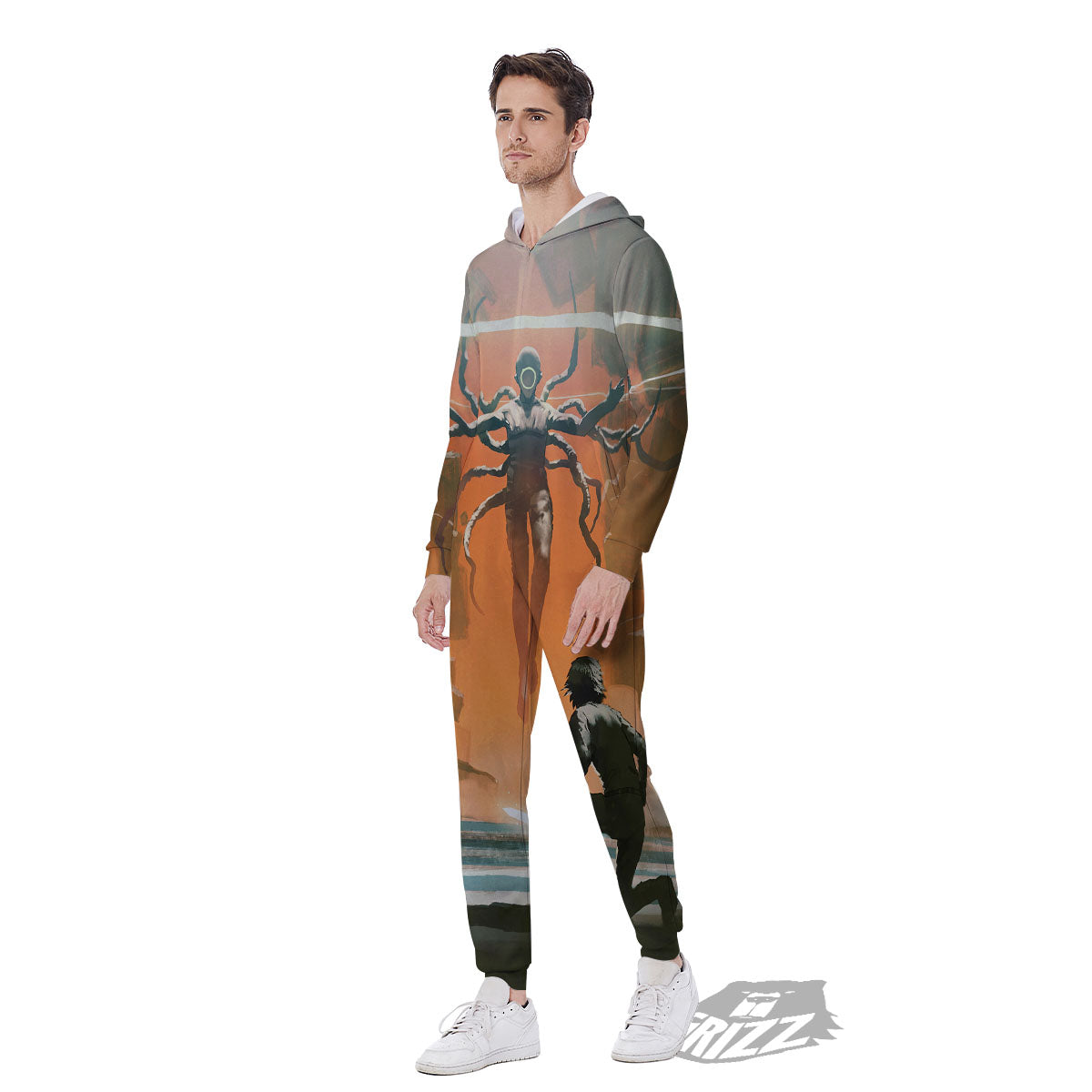Fight With Alien Print Men's Jumpsuit-grizzshop