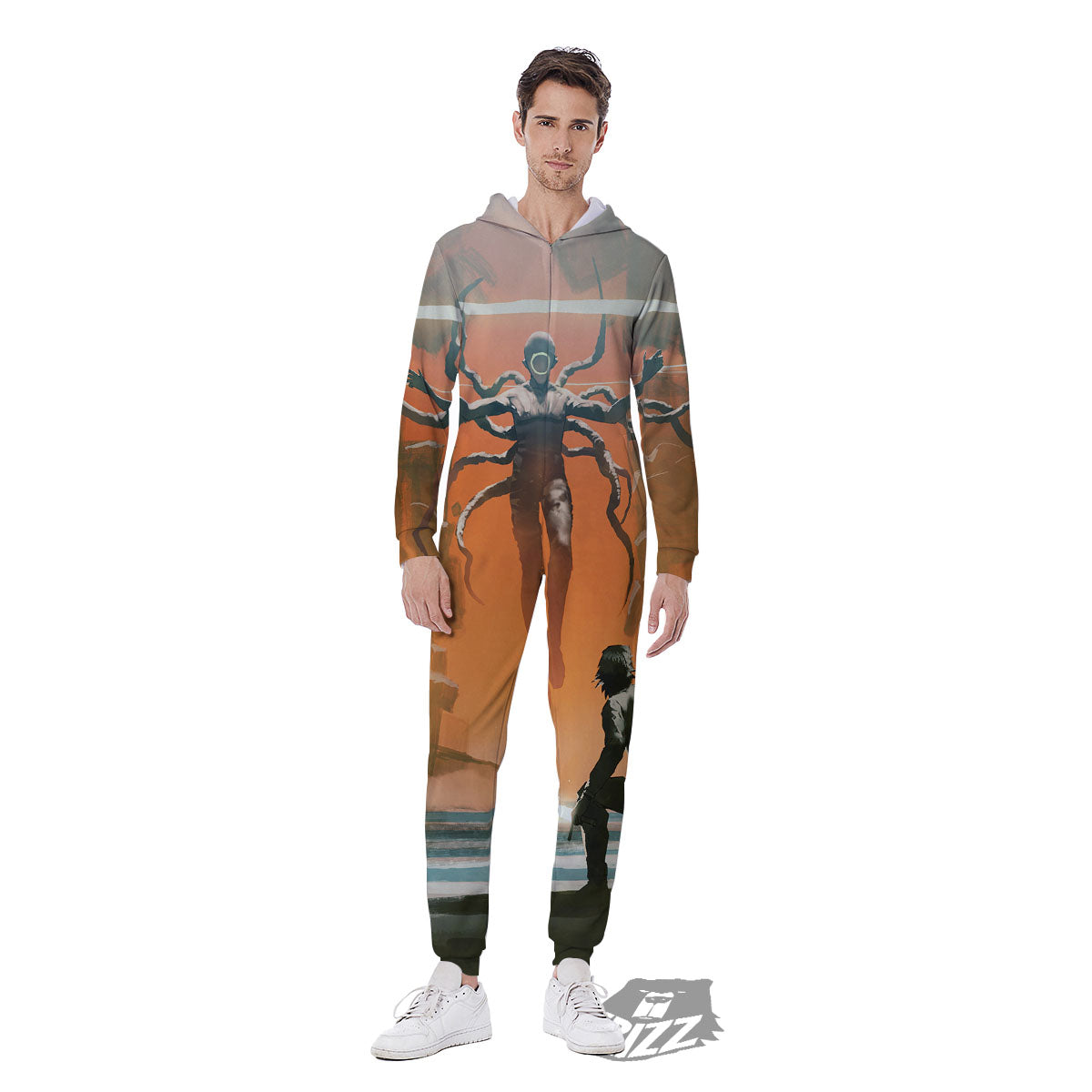 Fight With Alien Print Men's Jumpsuit-grizzshop