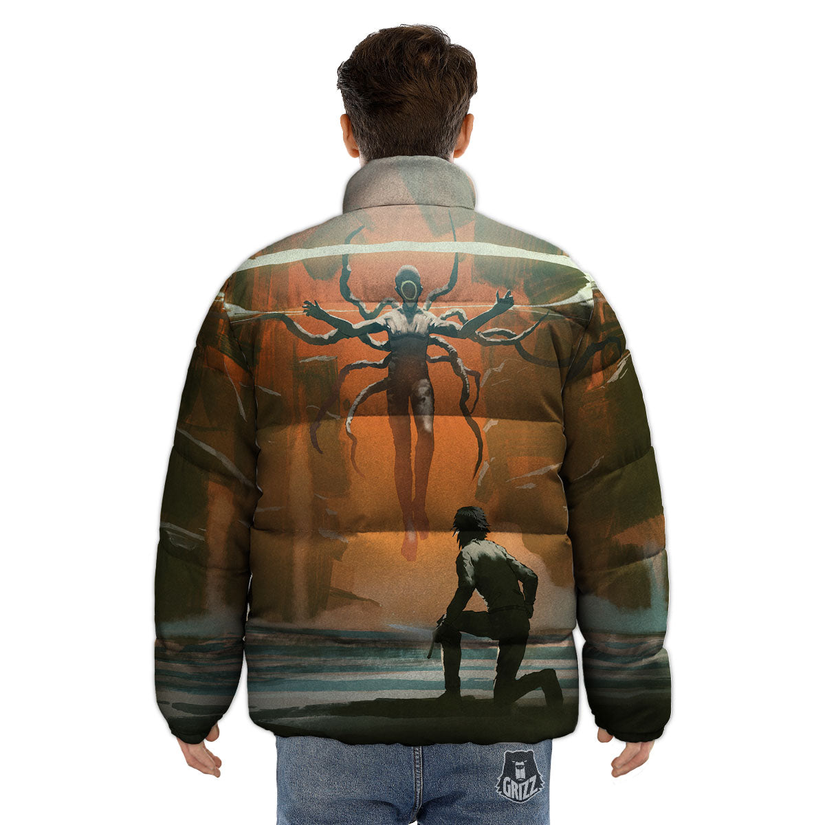 Fight With Alien Print Puffer Jacket-grizzshop