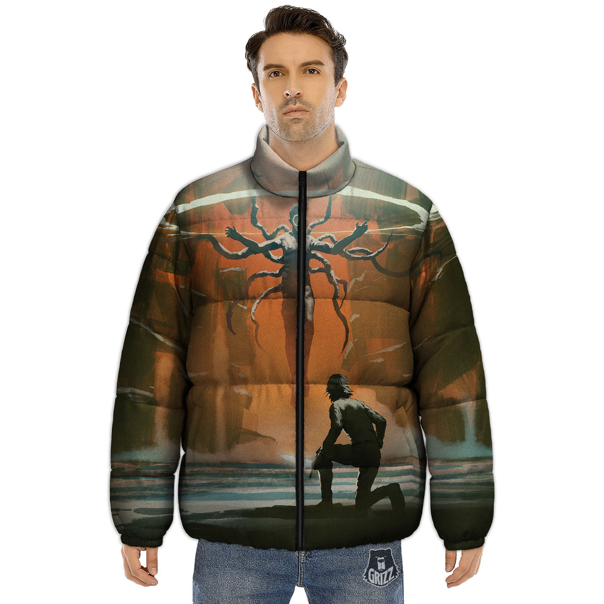 Fight With Alien Print Puffer Jacket-grizzshop