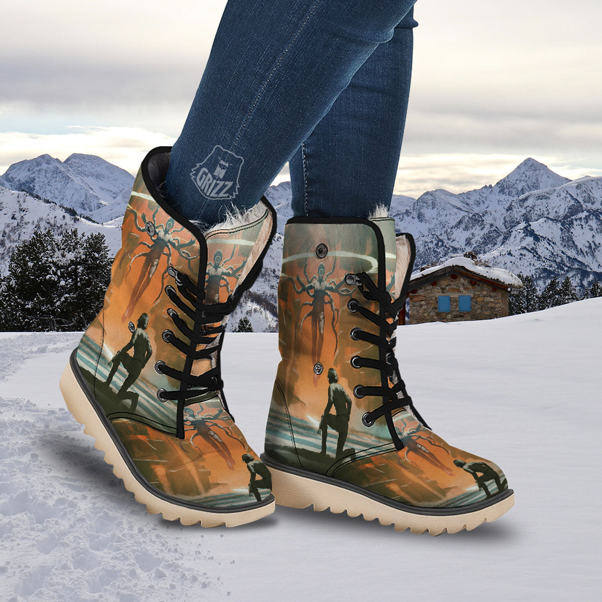 Fight With Alien Print Snow Boots-grizzshop