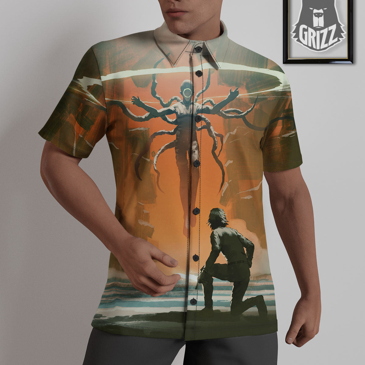 Fight With Alien Print Untucked Shirts-grizzshop