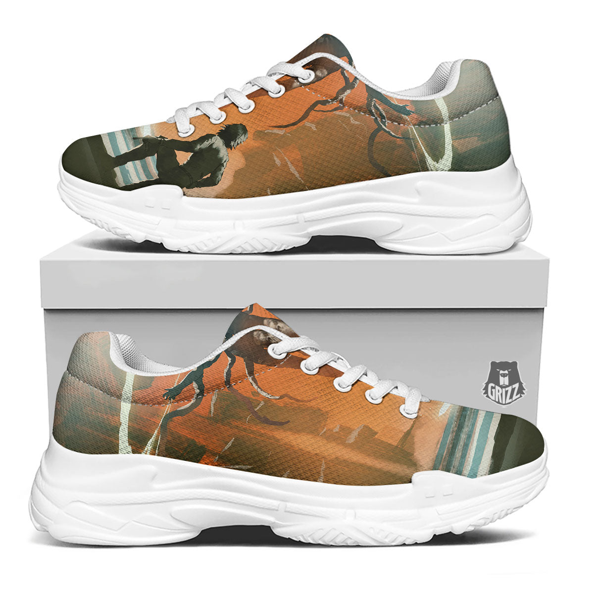 Fight With Alien Print White Chunky Shoes-grizzshop