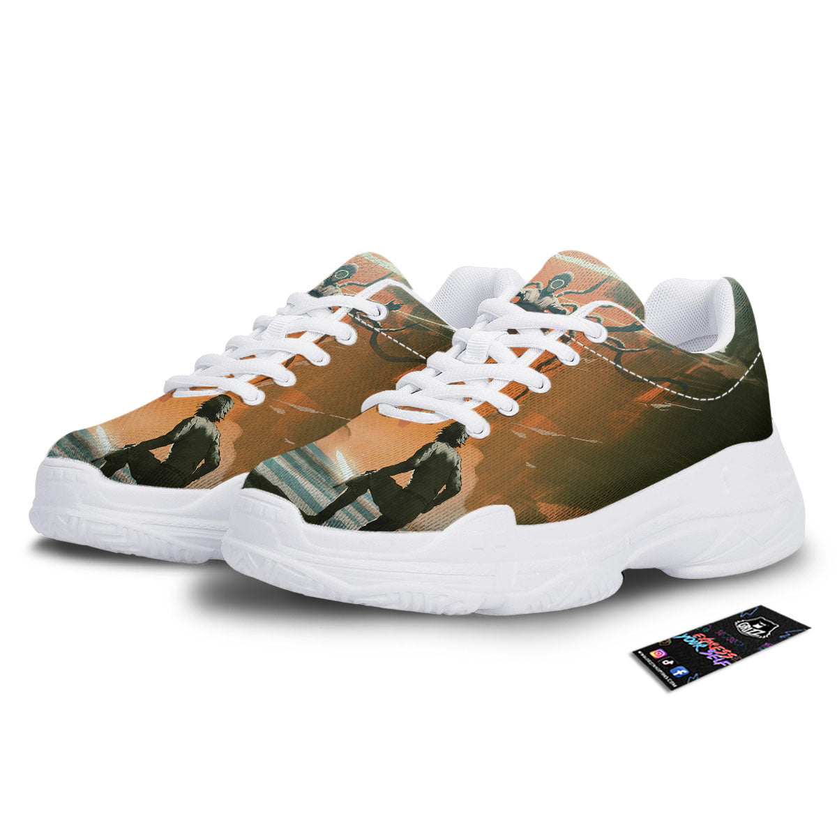 Fight With Alien Print White Chunky Shoes-grizzshop