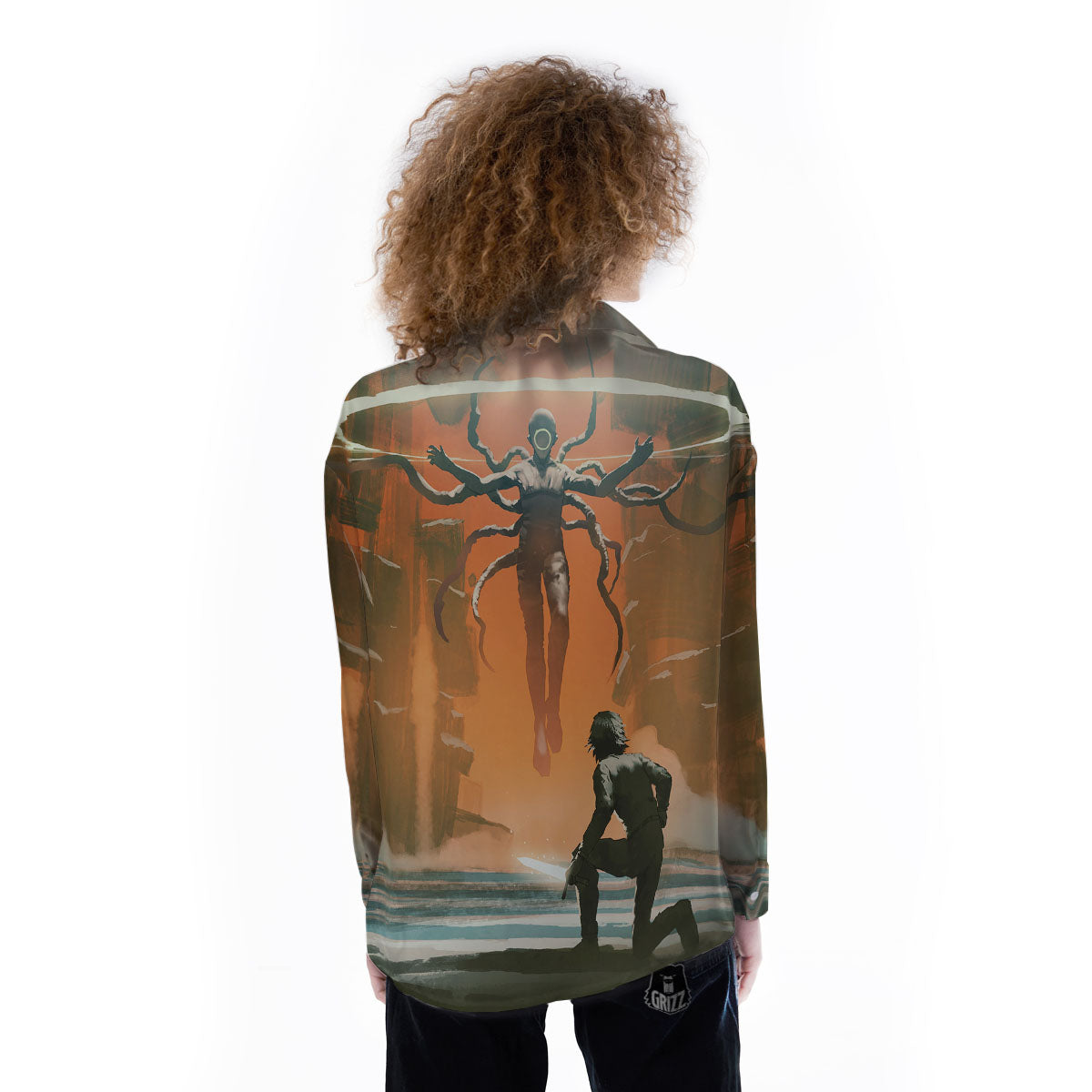 Fight With Alien Print Women's Long Sleeve Shirts-grizzshop