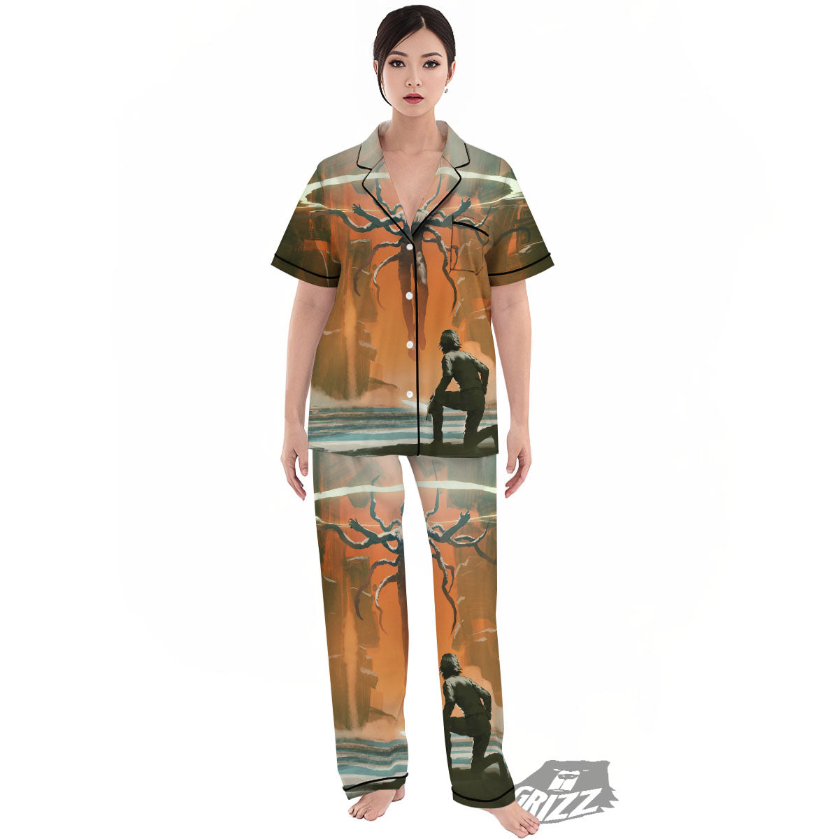 Fight With Alien Print Women's Pajamas Set-grizzshop