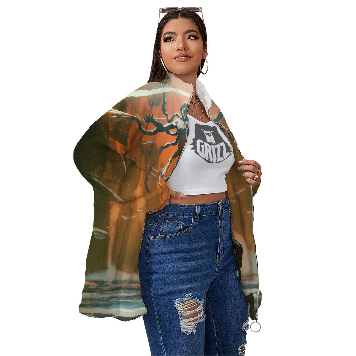 Fight With Alien Print Women's Sherpa Jacket-grizzshop