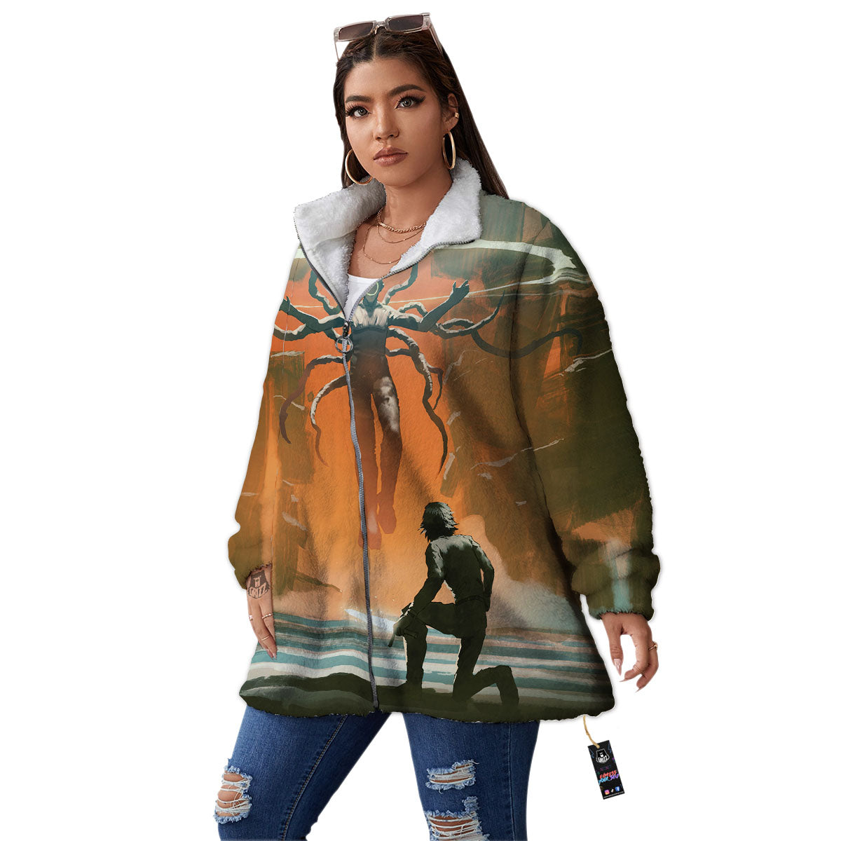 Fight With Alien Print Women's Sherpa Jacket-grizzshop