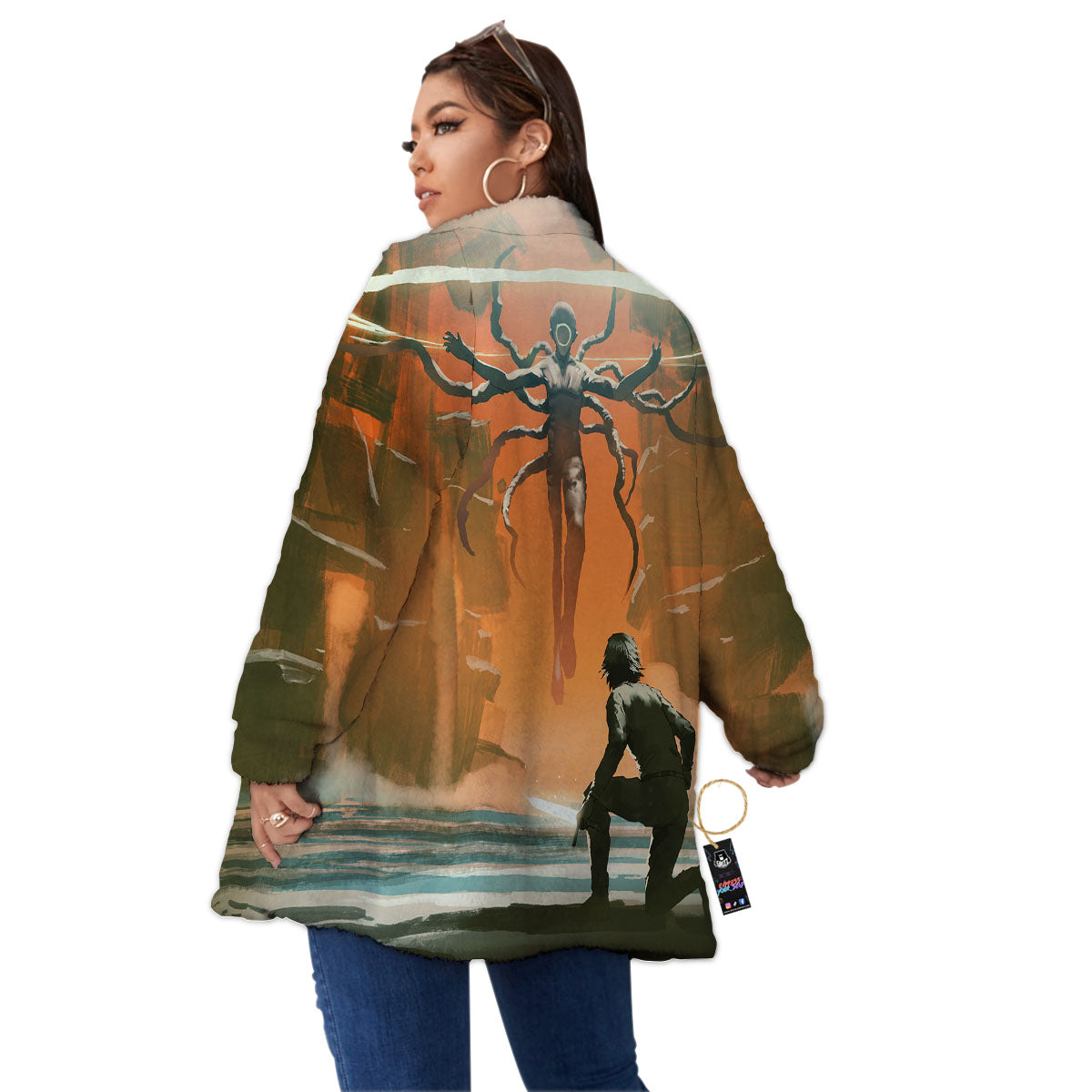 Fight With Alien Print Women's Sherpa Jacket-grizzshop