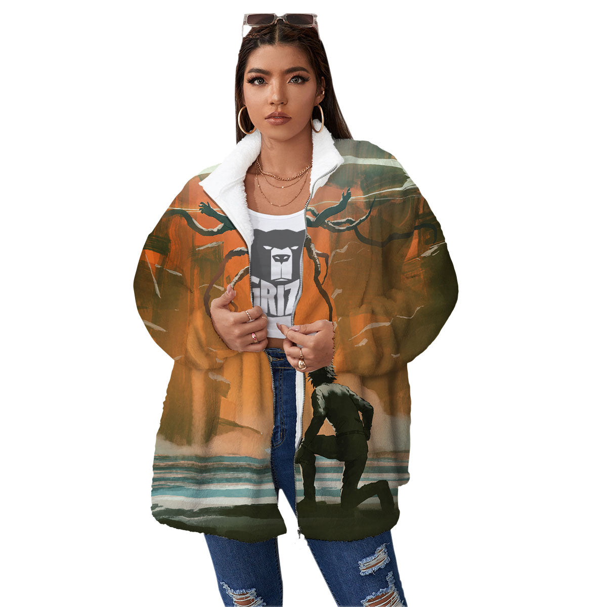 Fight With Alien Print Women's Sherpa Jacket-grizzshop
