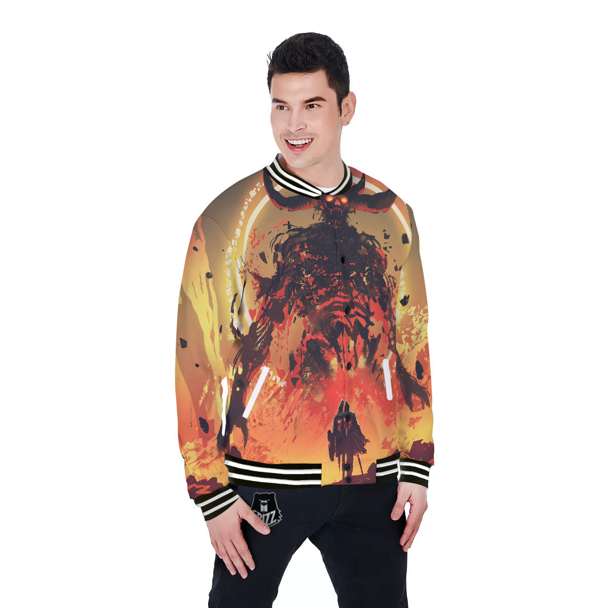 Fight With Demon Print Baseball Jacket-grizzshop